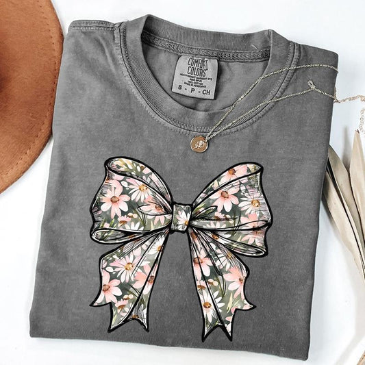 Comfort Colors Floral Coquette Bow Shirt, Flower Bow Tee, Coquette Shirt, Spring Bow T-Shirt, Gift For Mom