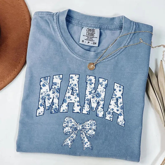 Comfort Colors Floral Mama Shirt, Coquette Bow Mama T-Shirt, Chinoiserie Style Mama Tee, Pregnancy Announcement Gift for Mom, New Mom Gifts