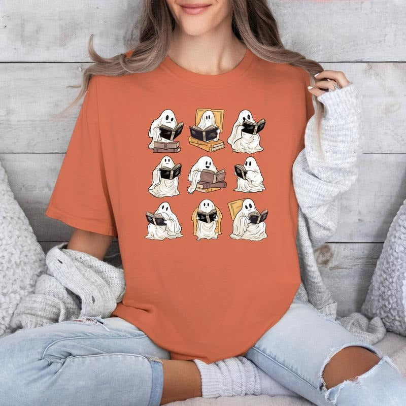 Comfort Colors Ghost Reading Books Shirt, Teacher Librarian Cute Halloween Gift, Ghost Book Shirt, Spooky Season, Fall Tee, Bookish Shirt