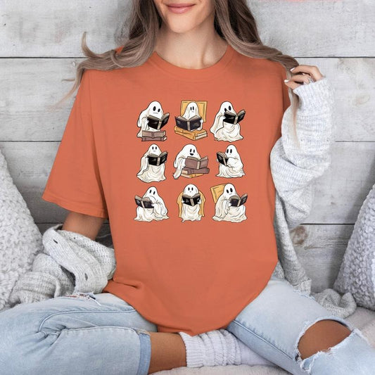 Comfort Colors Ghost Reading Books Shirt, Teacher Librarian Cute Halloween Gift, Ghost Book Shirt, Spooky Season, Fall Tee, Bookish Shirt