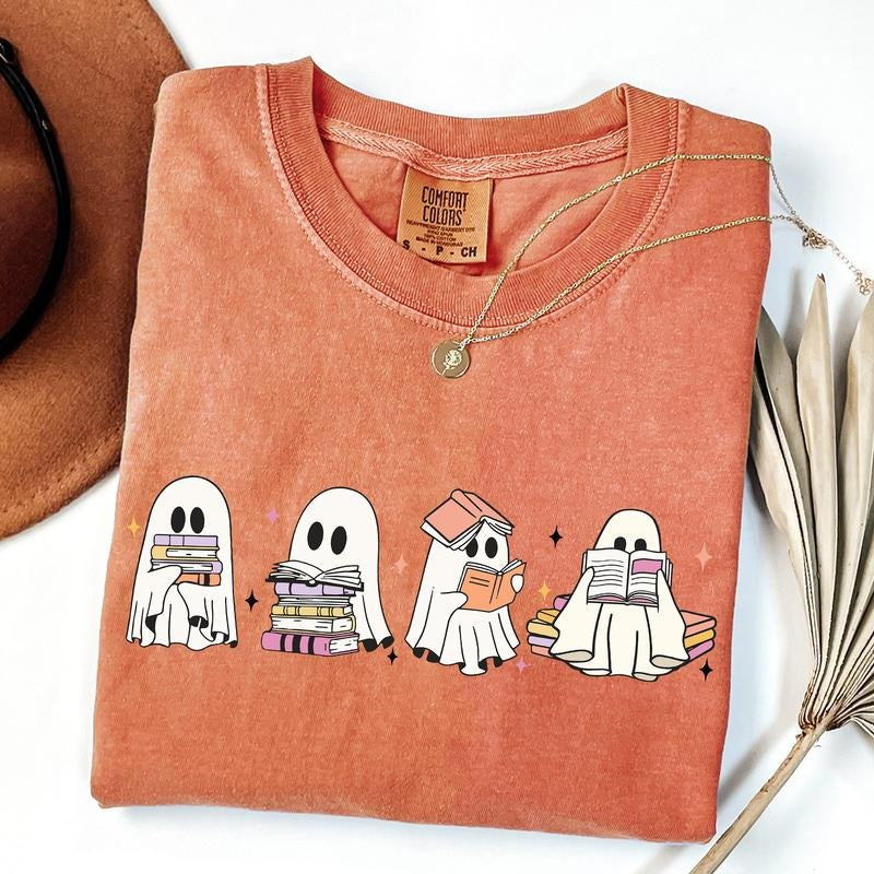 Comfort Colors Ghosts Reading Books Shirt, Books Lover Ghost Gift, Cute Little Ghost Shirt,Women's Halloween, Spooky Season Shirt, Fall Shirt