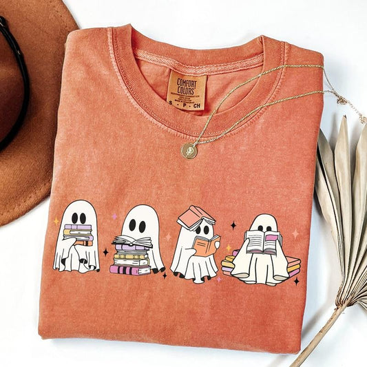 Comfort Colors Ghosts Reading Books Shirt, Books Lover Ghost Gift, Cute Little Ghost Shirt,Women's Halloween, Spooky Season Shirt, Fall Shirt