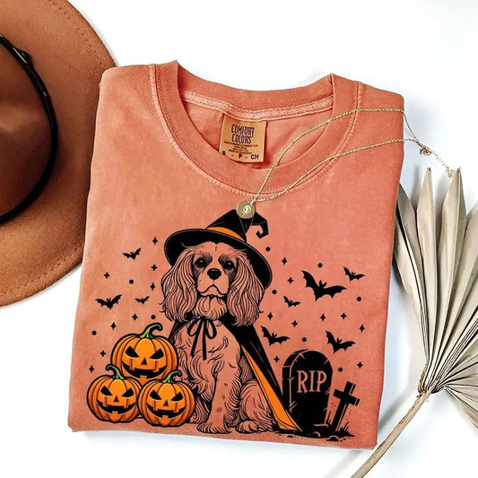 Comfort Colors Halloween Cavalier King Charles Spaniel Shirt | Spooky Dog T-Shirt | Pumpkin Witch Dog Tee | Cavalier Dog Lover Halloween | Cavalier Mom Tee