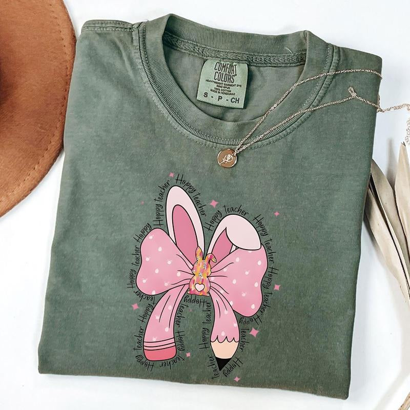Comfort Colors Happy Teacher Coquette Bow Easter Bunny Shirt, Teacher Easter Shirt, Teacher Appreciation Gift