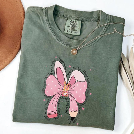 Comfort Colors Happy Teacher Coquette Bow Easter Bunny Shirt, Teacher Easter Shirt, Teacher Appreciation Gift
