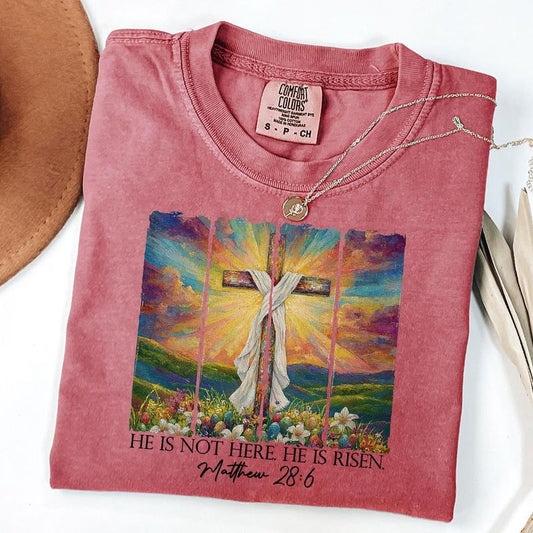 Comfort Colors He Is Not Here He Is Risen Shirt, Matthew 28 6, Religious Shirt, Christian Shirt, Bible Verse Tee, Inspirational T-Shirt