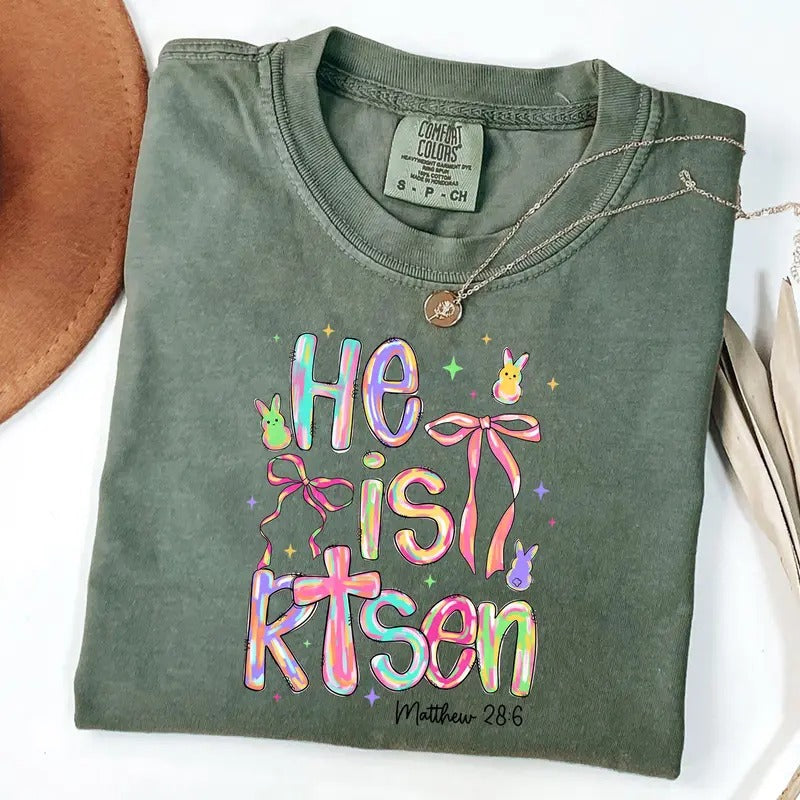 Comfort Colors He Is Risen T-Shirt, Easter Bunny Shirt, Coquette Bow Easter Shirt, Matthew 28 6