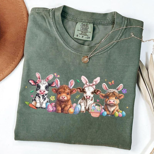Comfort Colors Highland Cows Shirt, Easter Cow T-shirt, Bunny Cow Shirt, Easter Day Heifer Tee