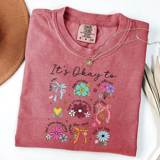 Comfort Colors It's Okay To Boho Floral Shirt, Mental Health Shirt, Coquette Bow Shirt, Motivational T-Shirt, Inspirational T-Shirt, Kindness T-Shirt