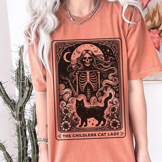 Comfort Colors Kamala Harris 2024 Shirt, Childless Cat Lady for Kamala Vintage Skeleton Tarot Card Witchy Halloween Shirt, Funny Feminist Tee