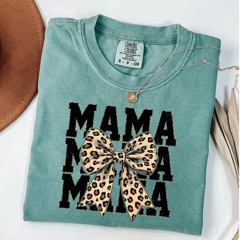 Comfort Colors Leopard Mama Coquette Shirt, Cheetah Bow Mom Life T-Shirt, Trendy Mama T-Shirt