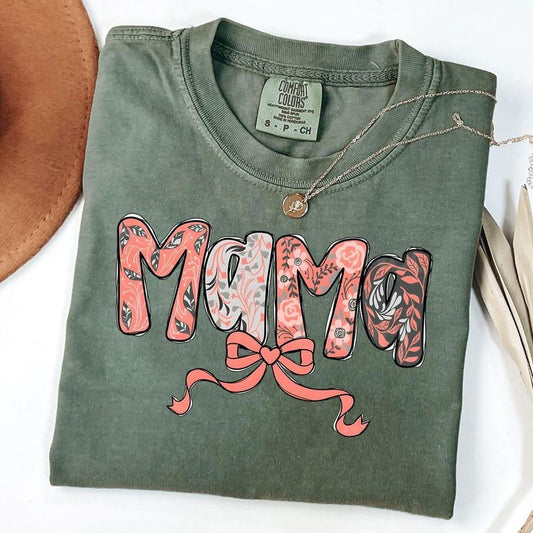 Comfort Colors Mama Floral Coquette T-Shirt, Retro New Mom Gift, Boho Floral Mama Shirt, Mother's Day Gift