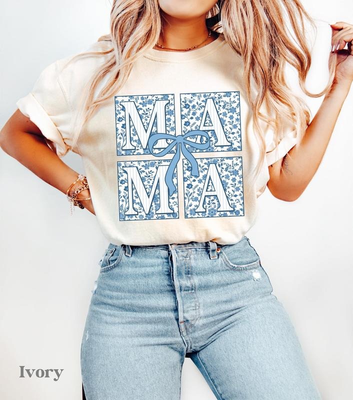 Comfort Colors Mama Floral Shirt, Boy Mama Gifts, Mama Bow Coquette, Blue Chinoiserie, New Boy Mama Gift