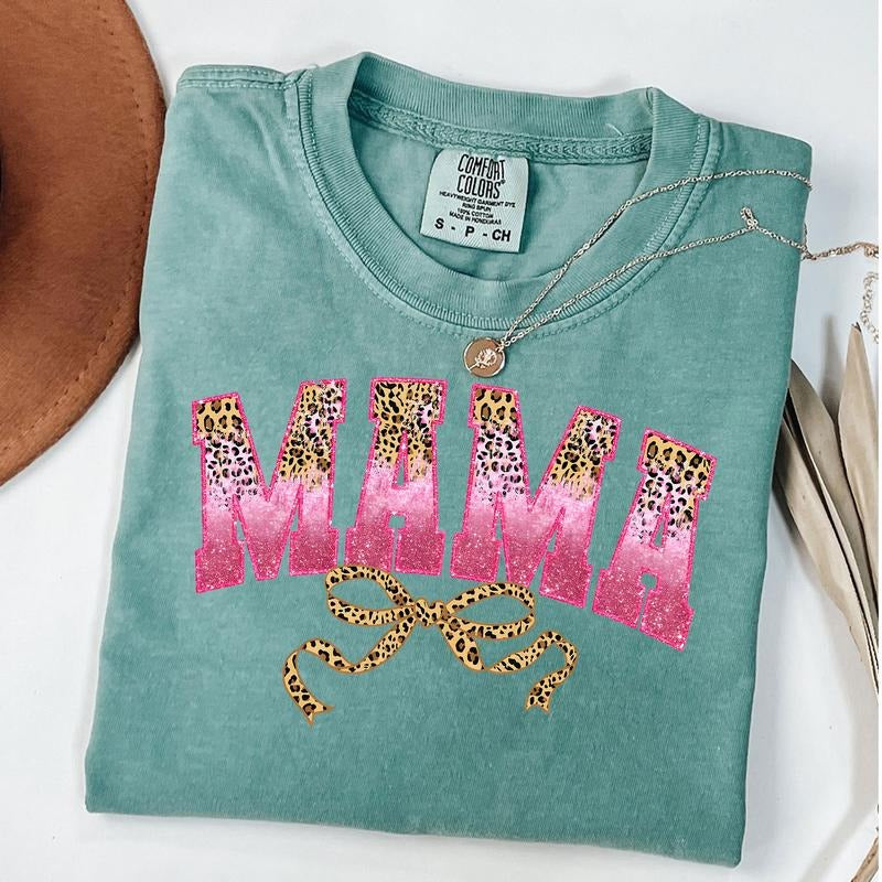 Comfort Colors Mama Glitter Leopard with Bow T-Shirt, Mama Pink Leopard Shirt, Mama Varsity T-Shirt, Mother's Day Gift