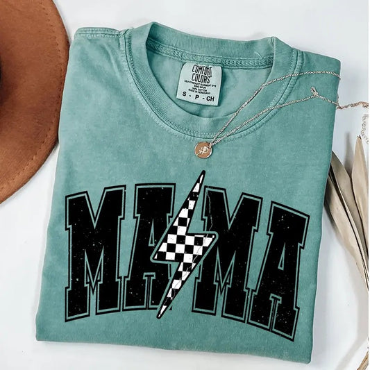 Comfort Colors Mama Lightning Bolt Shirt, Checkered Mama Shirt, Mom Life Gifts, Retro Mama Shirt, New Mom Gifts