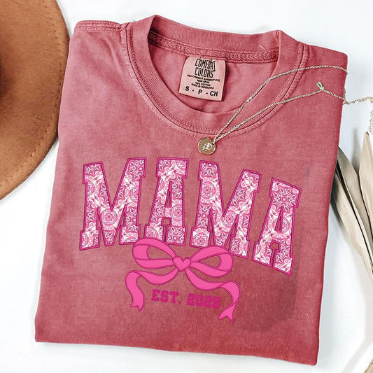 Comfort Colors Mama Pink Floral Shirt, Mama Varsity Shirt, Pink Mama Est 2025 Coquette T-Shirt, Gift for Mom