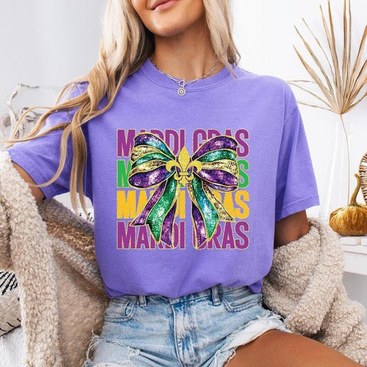 Comfort Colors Mardi Gras Coquette Bow Shirt, Faux Glitter Mardi Gras, Louisiana Shirt