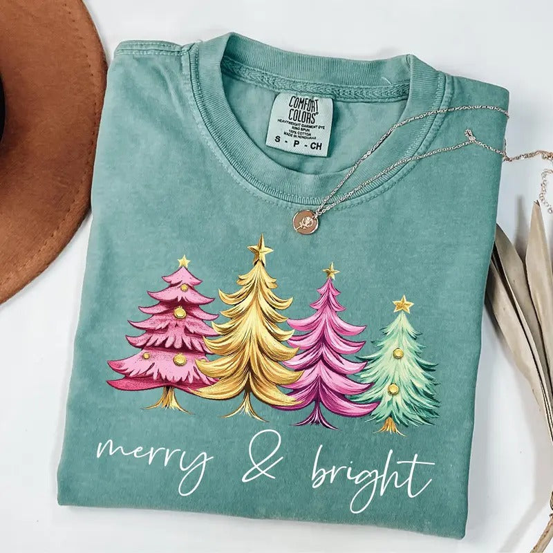 Comfort Colors Merry & Bright Christmas Trees Shirt, Christmas Shirt, Holiday Shirt, Womens Holiday Shirt, Winter Shirt, Christmas Graphic