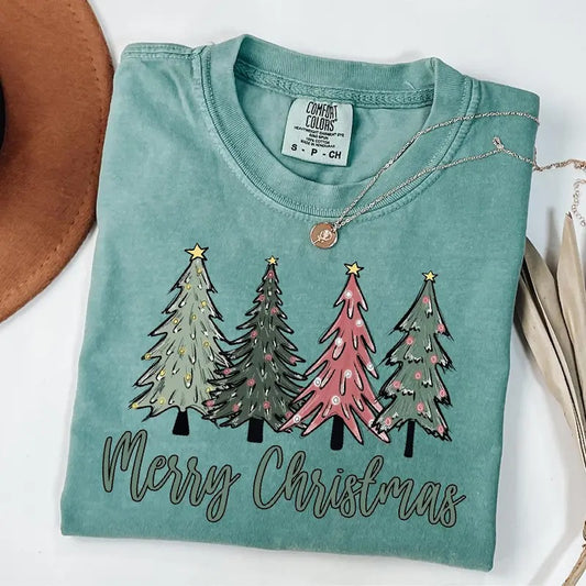 Comfort Colors Merry Christmas Tree Shirt, Merry & Bright T-Shirt, Cute Christmas Gift, Christmas Family Shirt, Womens Holiday T-Shirt