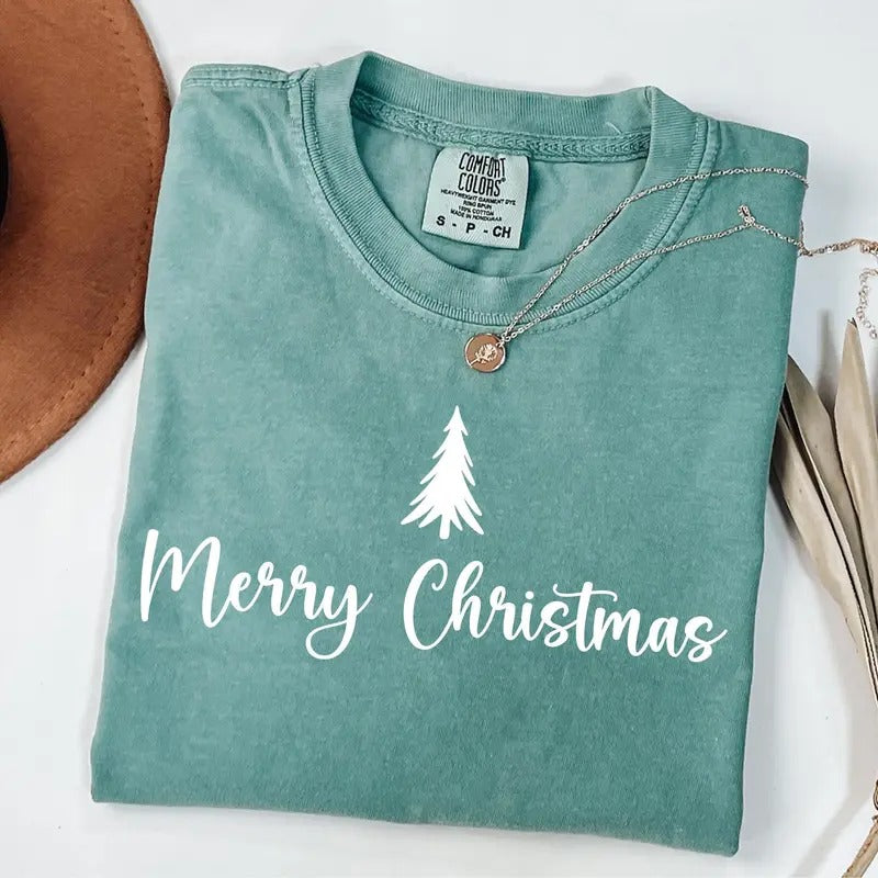 Comfort Colors Merry Christmas Tree Shirt, Merry & Bright T-Shirt, Cute Christmas Gift, Christmas Family T-Shirt, Festive Xmas Shirt