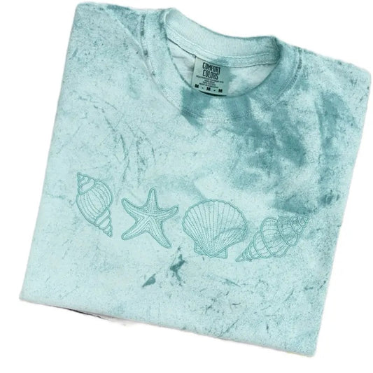 Comfort Colors Monochrome Embroidered Beach Sea Shell Tee Shirt T Shirt