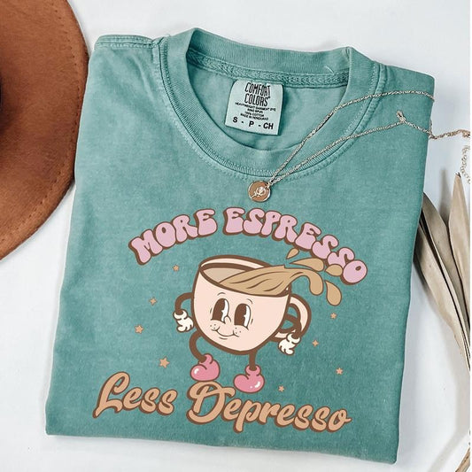 Comfort Colors More Espresso Less Depresso Shirt, Vintage Funny Coffee Shirt, Espresso Graphic Outfits, Mental Health Positive Vibes T-shirt