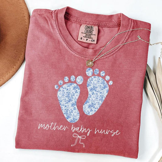 Comfort Colors Mother Baby Nurse Shirt, Toile De Jouy Mother Baby Unit T-Shirt, Coquette Postpartum Nurse Gift, RN Grad Gift, Appreciation