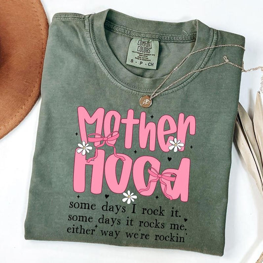 Comfort Colors Motherhood Coquette Bow Shirt, Retro Motherhood Shirt, Funny Mom Sarcastic Mama T-Shirt, Mothers Day Gift