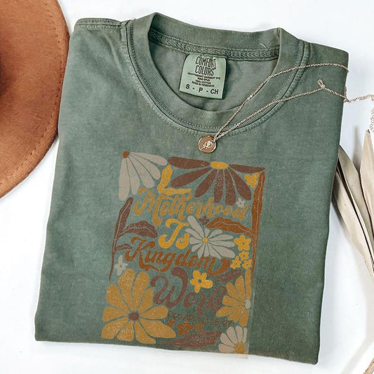 Comfort Colors Motherhood is Kingdom Work Shirt, Boho floral T-Shirt, Mother's Day Gift, Christian Shirt, Retro Christian Mom T-Shirt