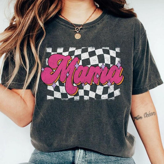 Comfort Colors Mothers Day Shirt, Retro Mama Checkered Shirt, Gift For Mama T Shirt, Mom Life T Shirt For Women, Best Mom Gift for Her, Checkered Mothers Day Gift, Birthday Gifts for Mom, Gift for New Mom, From Daughter Son, Mothers Day Women Top Casual