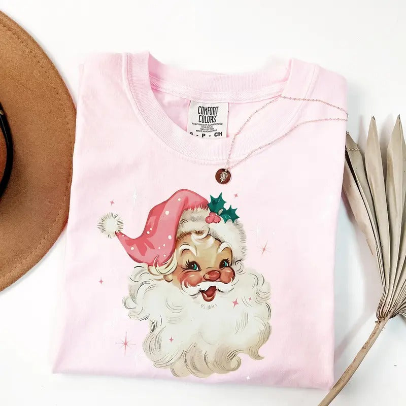 Comfort Colors Pink Santa Shirt, Pink Christmas Tee, Christmas Party Shirt