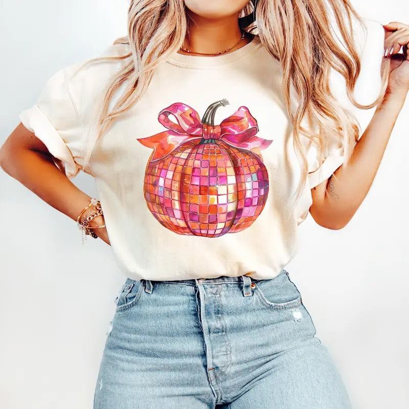 Comfort Colors Pink and Orange Disco Ball Pumpkin Shirt, Cute Halloween Shirt, Fall Pumpkin Shirt