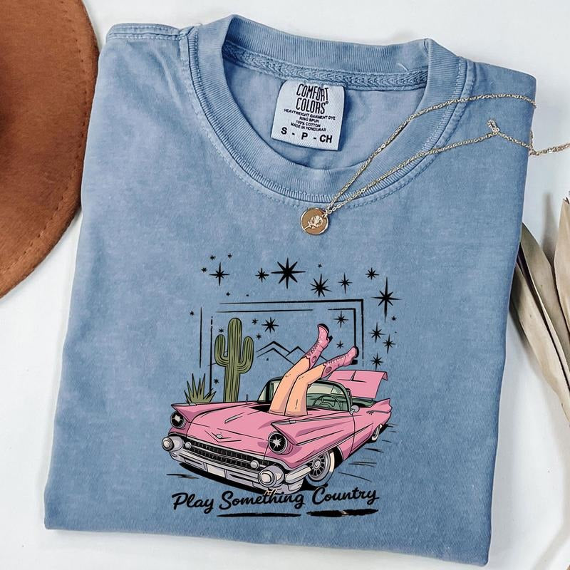 Comfort Colors Play Something Country Shirt, Country Music T-shirt, Retro Car Cowgirl Shirt, Western Tee