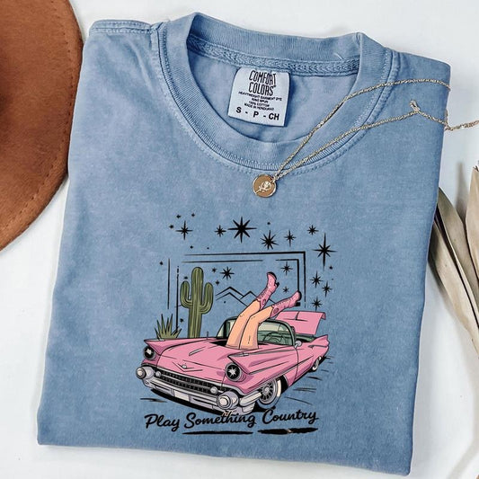 Comfort Colors Play Something Country Shirt, Country Music T-shirt, Retro Car Cowgirl Shirt, Western Tee
