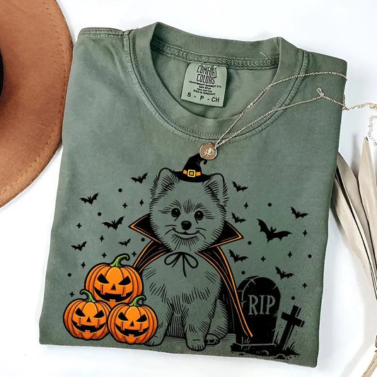 Comfort Colors Pomeranian Halloween Shirt | Spooky Pom Witch T-Shirt | Pumpkin Pom Dog Tee | Funny Halloween Dog Lover Gift | Fall Pomeranian Shirt