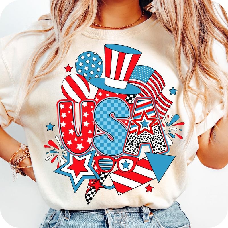 Comfort Colors Preppy USA T-Shirt, Retro 4th of July T-Shirt, America Coquette TShirt, usa 1776 T-Shirt, Girly Memorial Day Shirt, USA Shirt T-Shirt