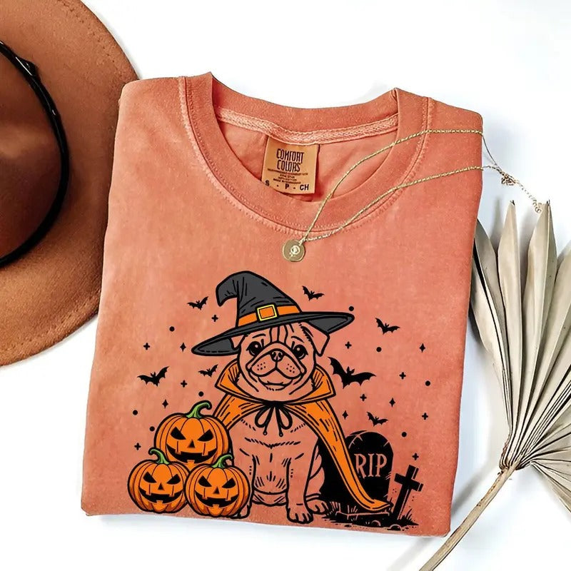 Comfort Colors Pug Halloween Shirt | Spooky Pug Witch T-Shirt | Pumpkin Pug Dog Tee | Funny Halloween Dog Lover Gift | Fall Pugkin Pug Dog Shirt