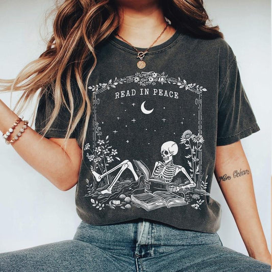 Comfort Colors Read in Peace Shirt, Skeleton Book Shirt, Skeleton Reading T-shirt, Book Lover Halloween, Iprintasty Halloween, Bookish Halloween Shirt