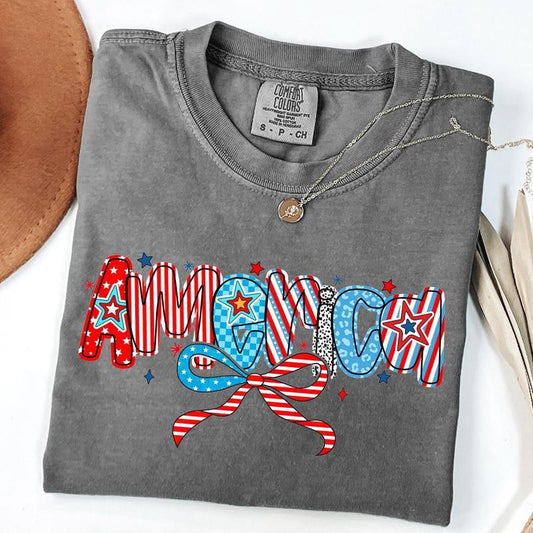 Comfort Colors Retro America Flag Coquette T-Shirt, 4th Of July Shirt, America Tee, Memorial Day T-Shirt, Independence Day Tee, Patriotic Shirt