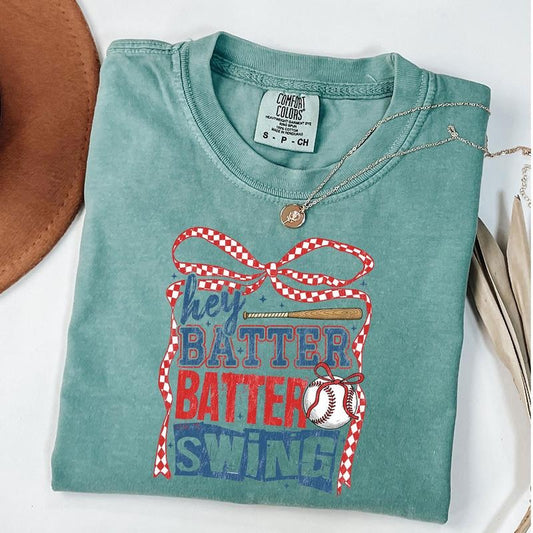 Comfort Colors Retro Baseball Batter Batter Swing Shirt, Checkered Baseball Coquette Shirt, Game Day Baseball Coquette T-Shirt