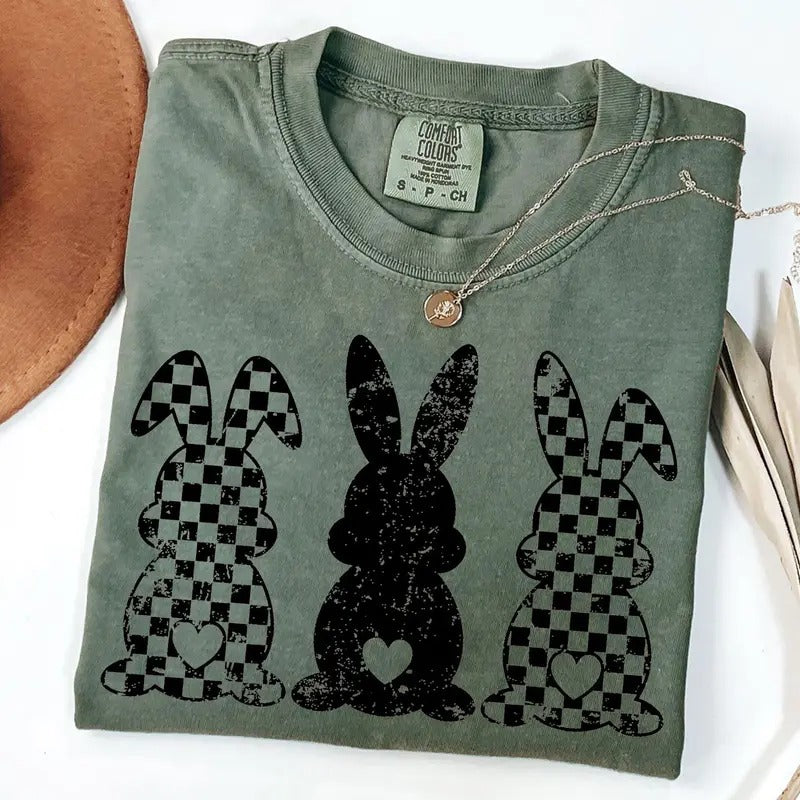 Comfort Colors Retro Checkered Easter Bunny Shirt, Cute Womens Easter T-Shirt, Happy Easter Day Gift, Trendy Graphic Tee