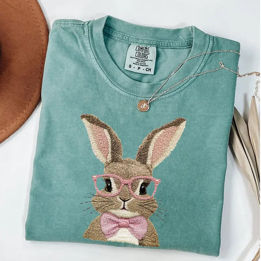 Comfort Colors Retro Easter Bunny Shirt, Vintage Happy Easter Shirt, Funny Easter Bunny Bow T-Shirt
