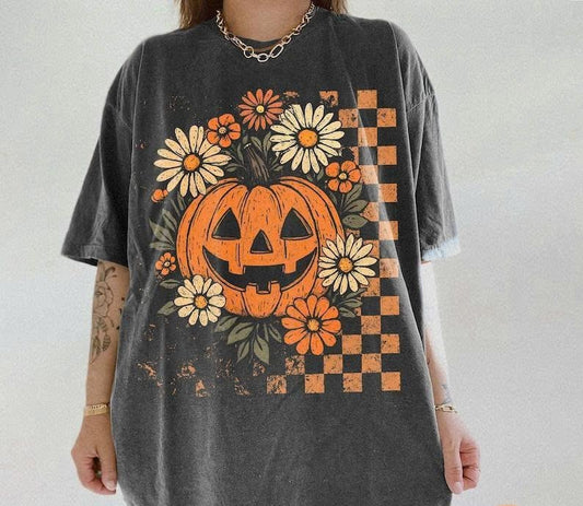 Comfort Colors Retro Floral Pumpkin Tee, Funny Halloween T-Shirt, Preppy Spooky Season Top, Trendy Checkered Fall Graphic, 90skid Nostalgia Goosebumps Halloween Shirt