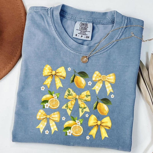 Comfort Colors Retro Lemon Coquette Bow Shirt, Cute Lemon Floral T-Shirt, Lemonade Tee
