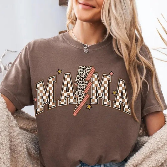 Comfort Colors Retro Mama Shirt, Retro Checkered Lightening Bolt Mama Tee, For Birthday, For Her, Mothers Day Gift, For Woman
