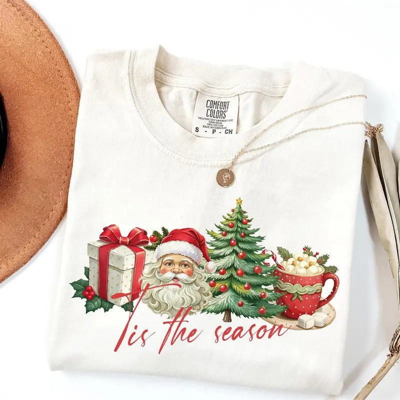 Comfort Colors Retro Merry Christmas Shirt, Merry & Bright Christmas T-Shirt, Tis The Season Tee, Christmas Party Shirt, Xmas Coffee Shirt