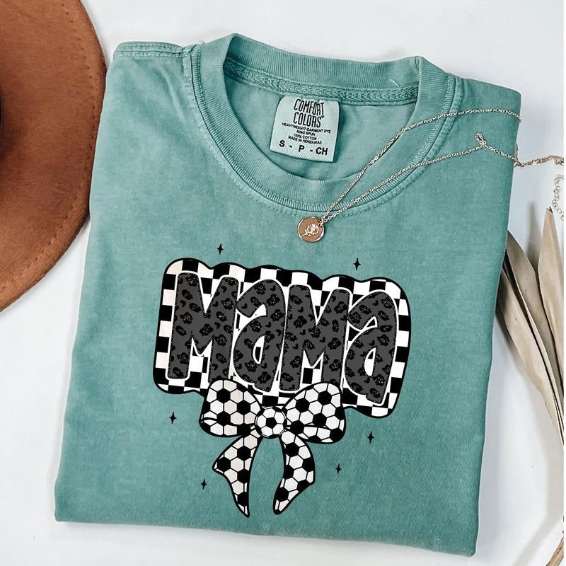Comfort Colors Retro Soccer Mama Shirt, Soccer Coquette Shirt, Game Day Sport Bow T-Shirt, Checkered Soccer Shirt