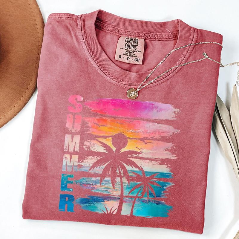 Comfort Colors Retro Summer Sunset Palm T-Shirt, Summer Vibes Tee, Chasing Sunset Summer Vacation Shirt