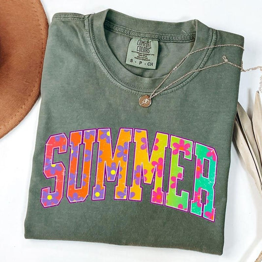 Comfort Colors Retro Summer T-Shirt, Summer Varsity Tee, Rainbow Summer Shirt, Retro Flower Shirt