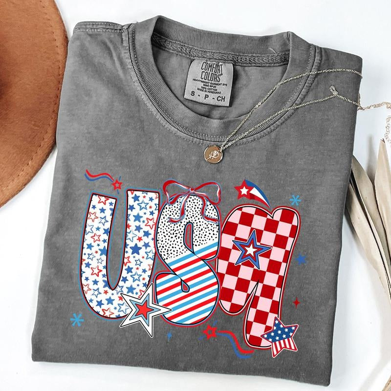 Comfort Colors Retro USA Coquette Shirt, Checkered USA Tee, 4th of July T-Shirt